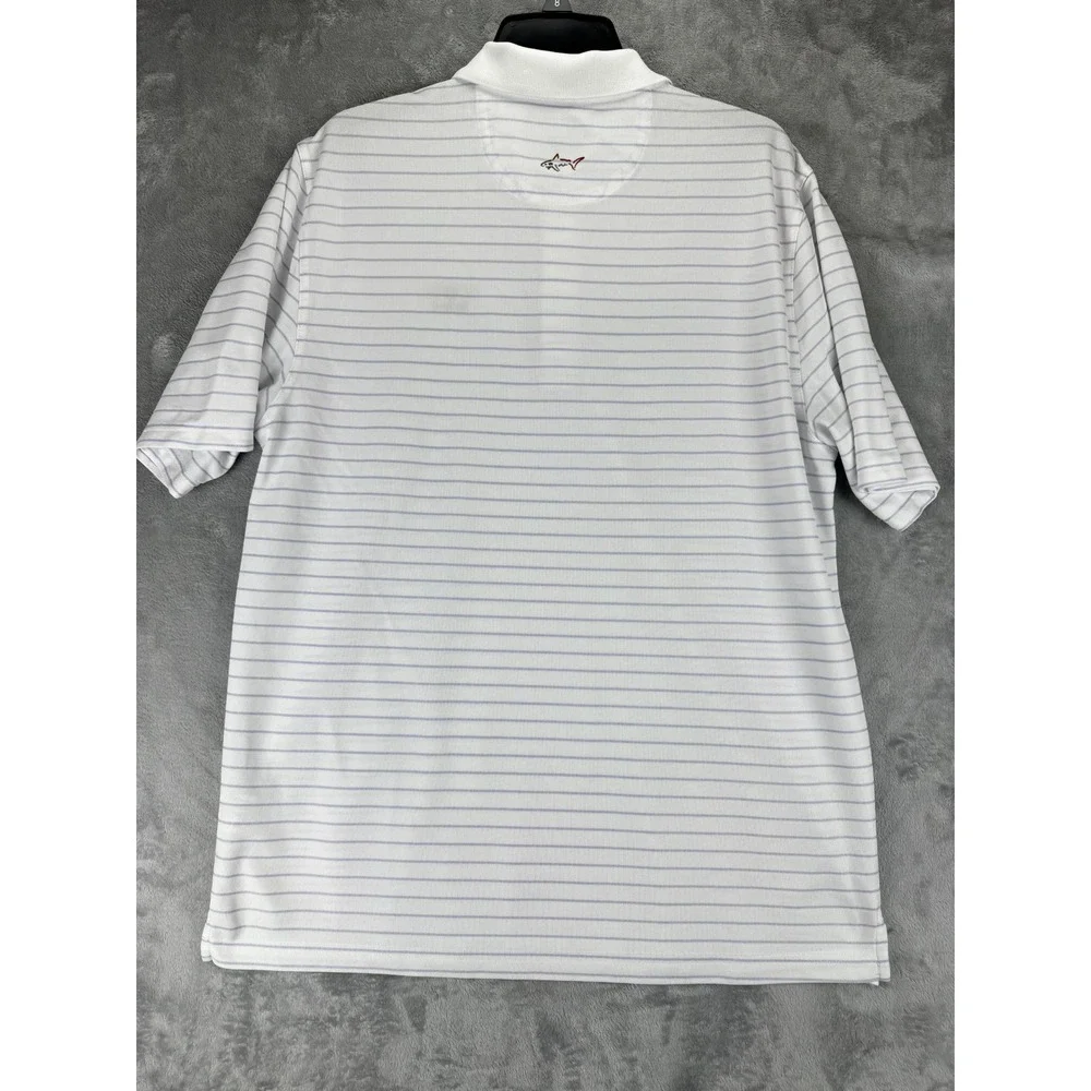 Greg Norman Mens Polo Shirt XL White Purple Striped Baltusrol Golf Play Dry Logo